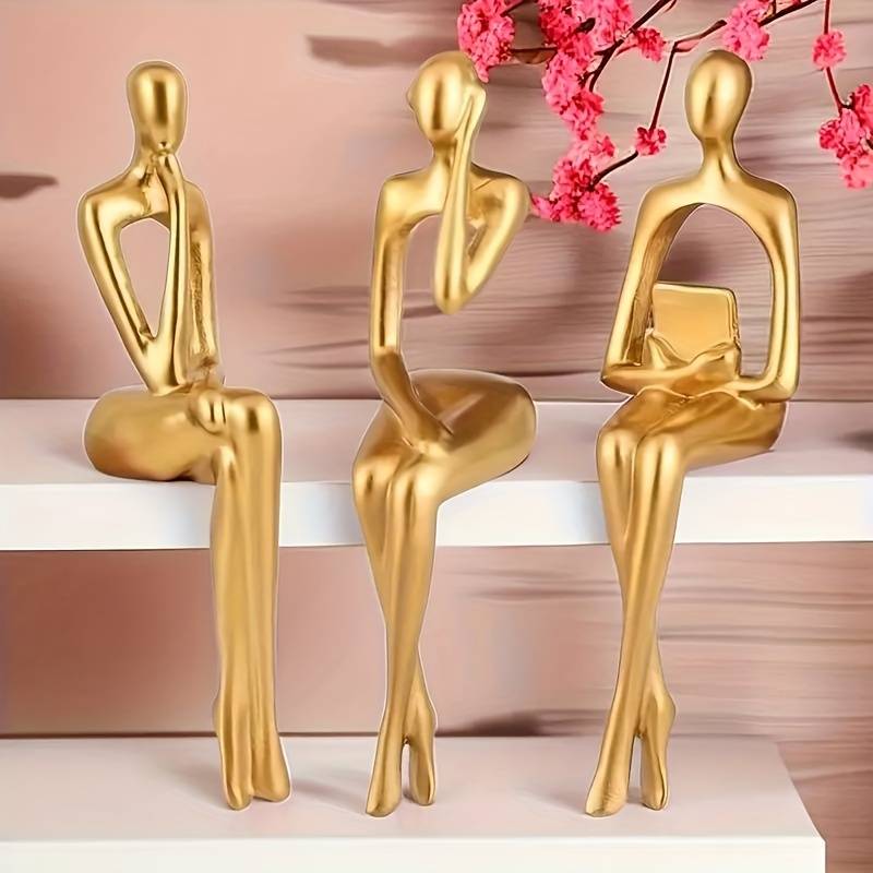 Set 3 statuete decorative aurii din rasina, siluete ganditoare Golden Muse