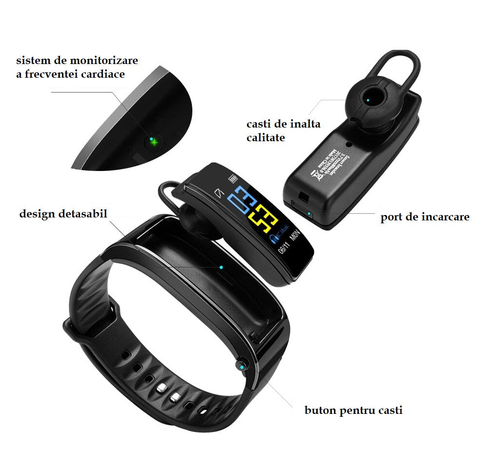 Bratara fitness 2 in 1, Smart Bracelet, cu casca Bluetooth inclusa