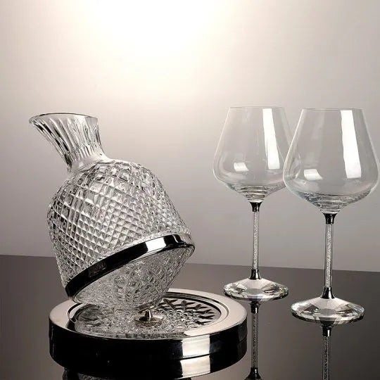 Decantor de vin rotativ de lux, din sticlă transparentă, set elegant pentru iubitorii de vin