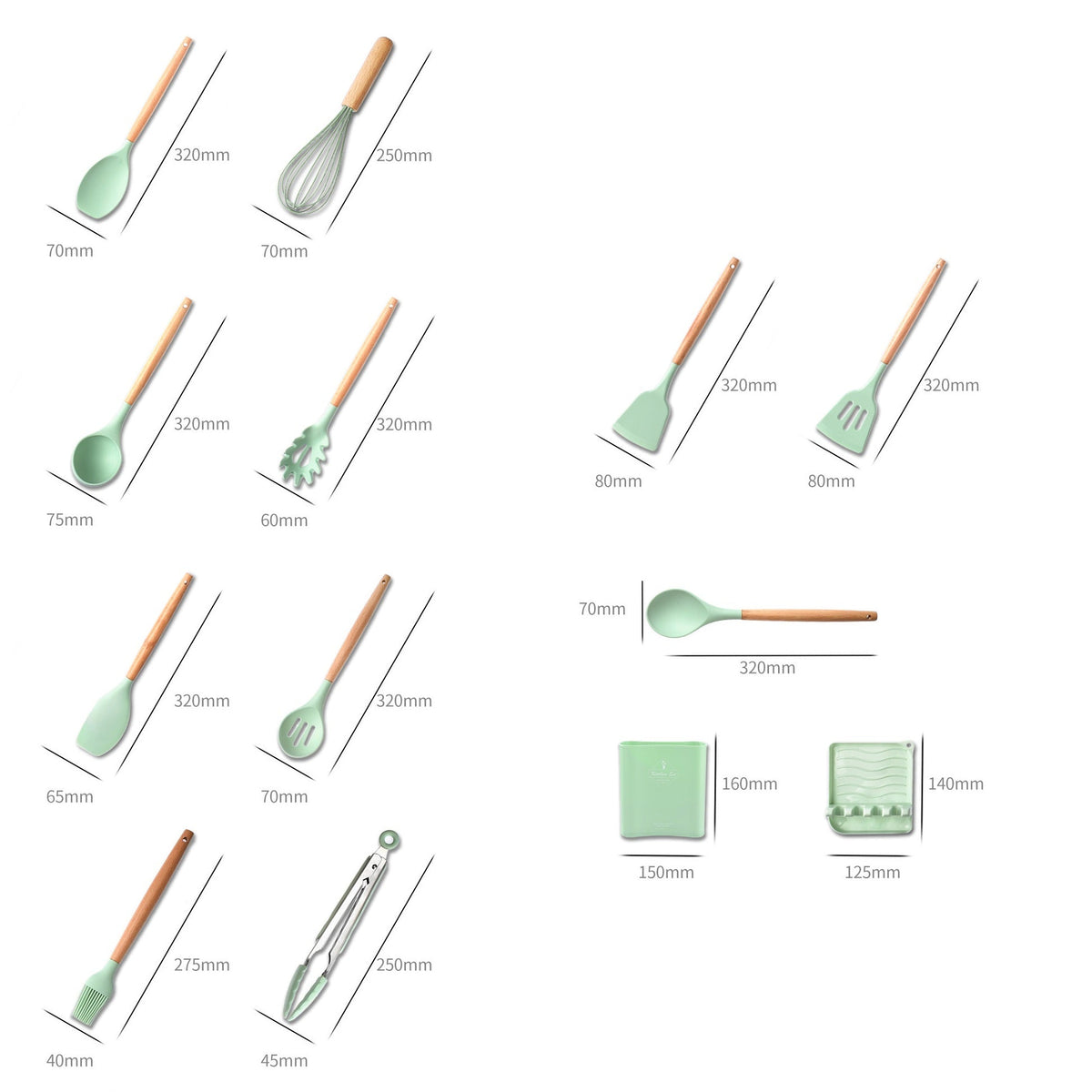 Set 13 ustensile de gatit din silicon, maner bambus, suport linguri