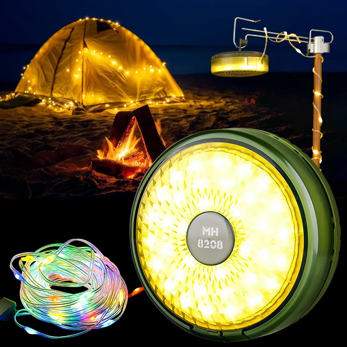 Ghirlanda luminoasa camping, lanterna si functie de baterie externa, LED, reincarcabila USB, portabila, 8 moduri de iluminare, 10 m, agatatoare, carcasa verde