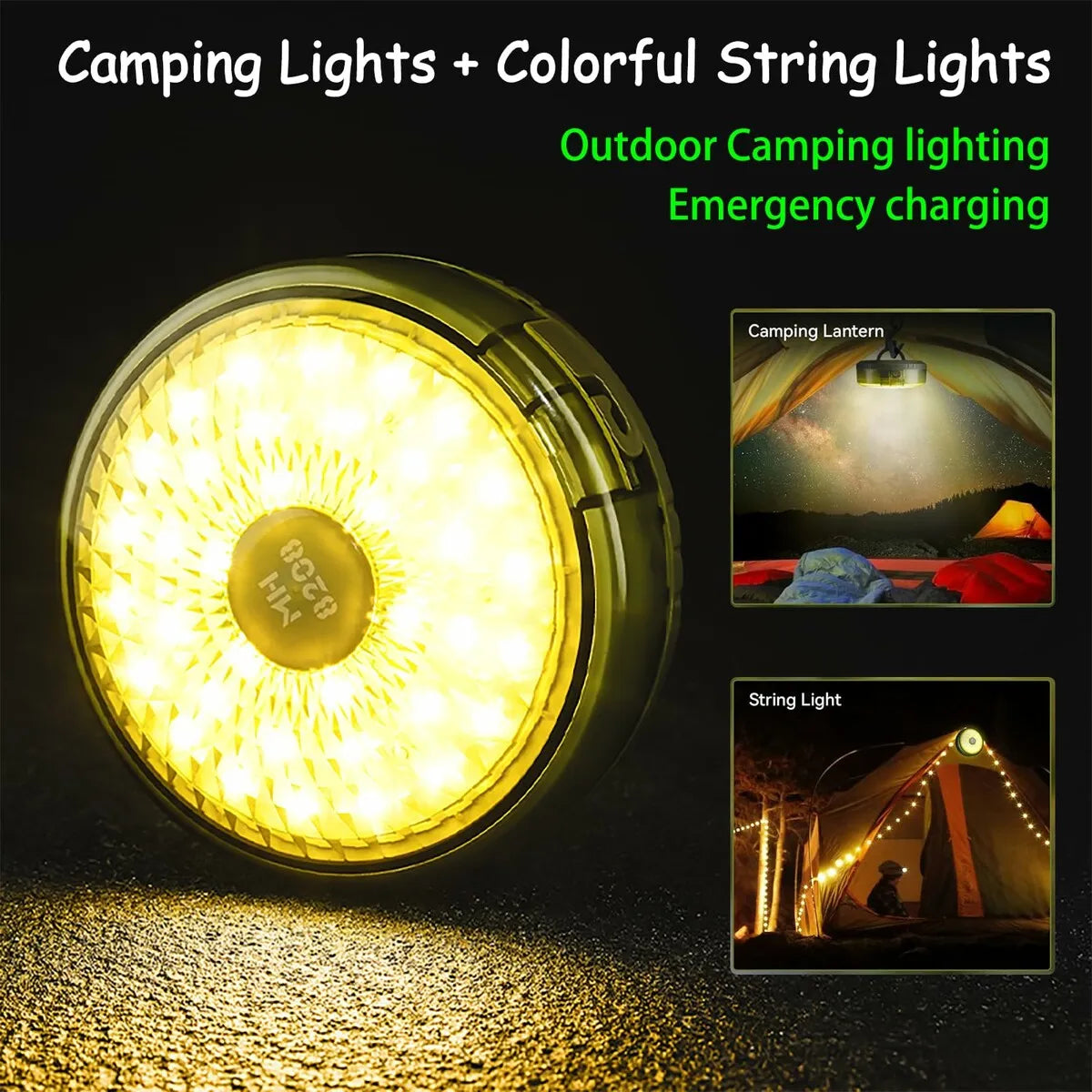 Ghirlanda luminoasa camping, lanterna si functie de baterie externa, LED, reincarcabila USB, portabila, 8 moduri de iluminare, 10 m, agatatoare, carcasa verde