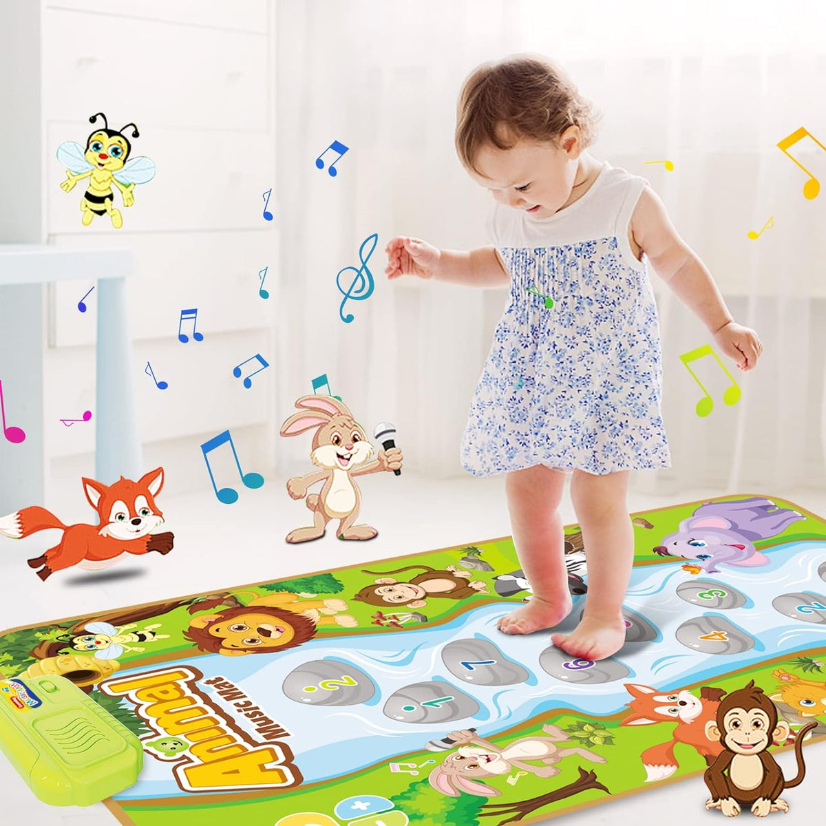 Covoras muzical Montessori, taste numerice, animale, 17 melodii si sunete, 80 cm x 50 cm, Multicolor