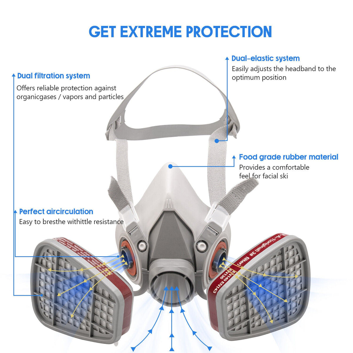 Masca de protectie cu ochelari pentru vopsit, gaze si praf, cu 2 filtre interschimbabile din bumbac KN95