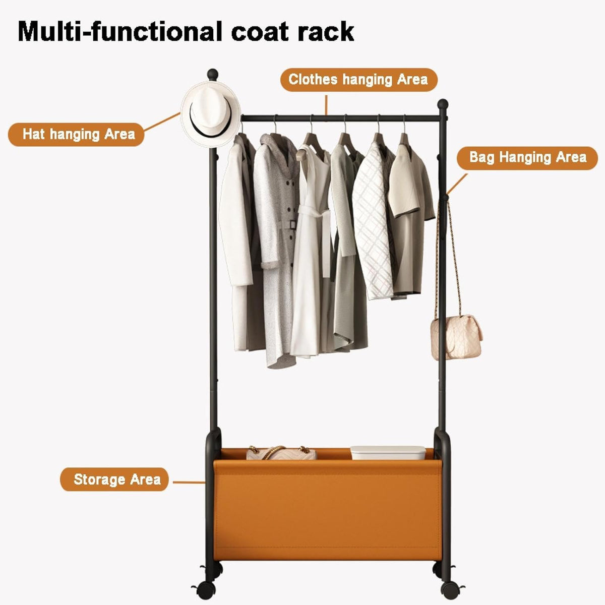 Suport portabil pentru umerase si haine, din otel carbon 7 carlige, 4 roti, si cos de depozitare, 168 x 80 x 37 cm