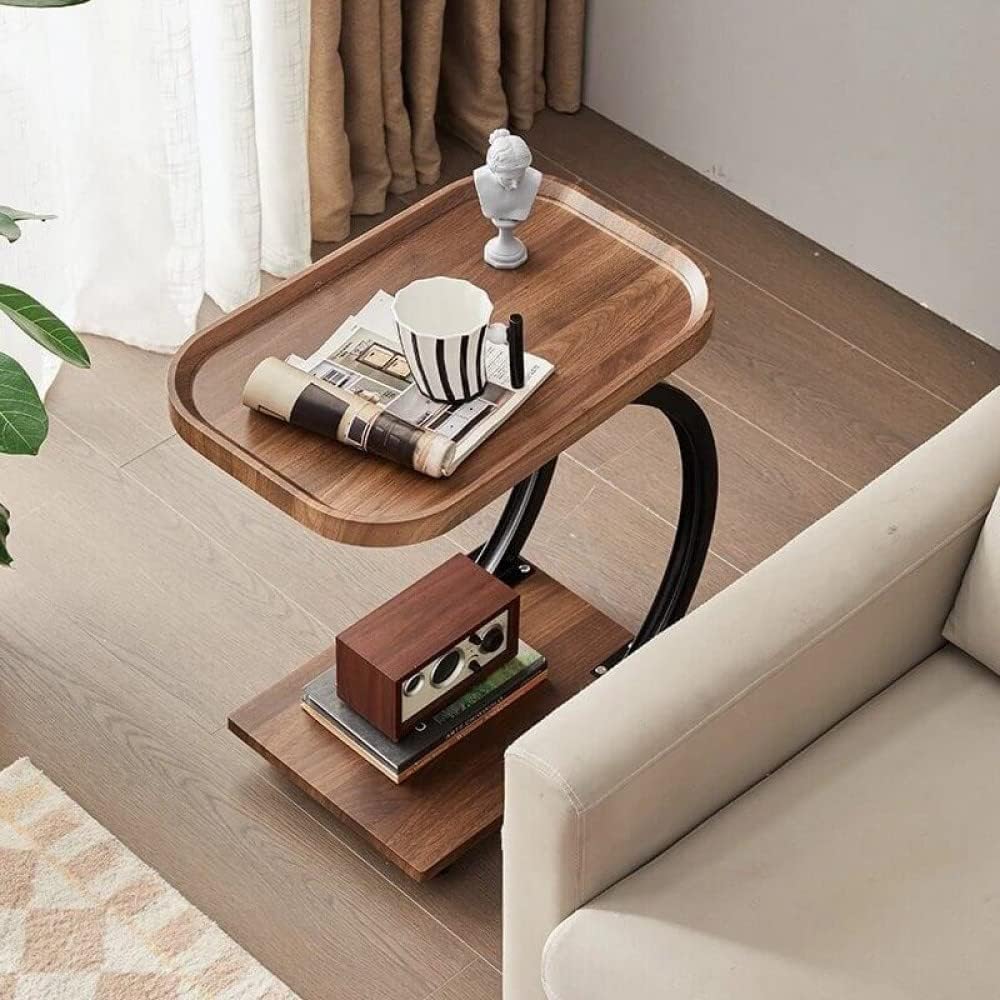 Masuta de cafea pentru living, design nordic in formă de C, cu 2 niveluri, pe roți 52x34x60cm