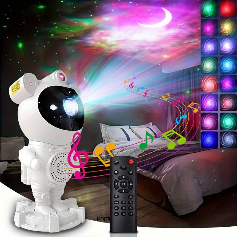 Proiector Laser Astronaut cu Joc de Lumini Aurora Boreala si Stele, Boxa, Sunete Albe, Functie Bluetooth, Timer, Setare Luminozitate, Telecomanda