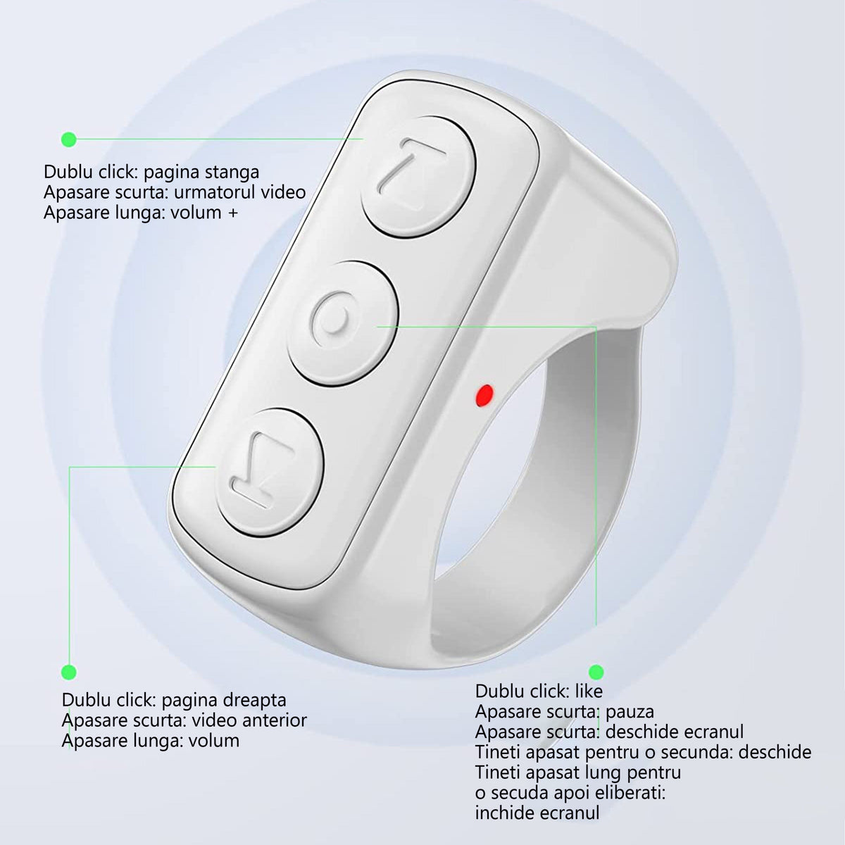 Inel telecomanda pentru control telefon, Functii: like, share, up, down, screenshot, captura video