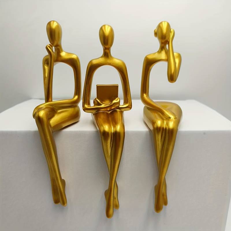 Set 3 statuete decorative aurii din rasina, siluete ganditoare Golden Muse