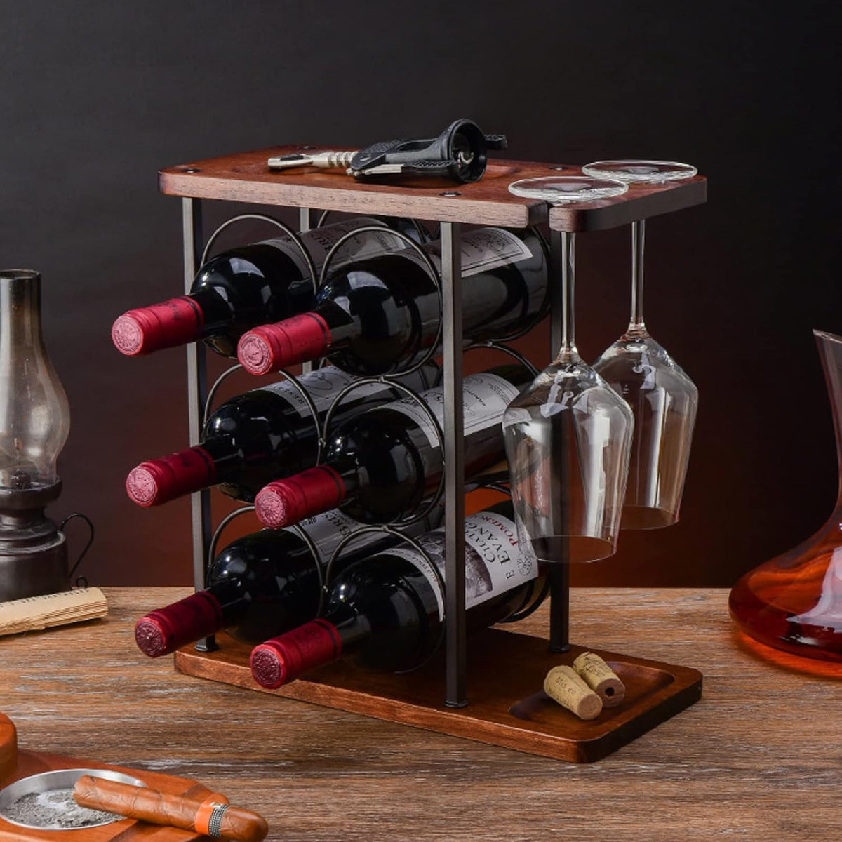 Suport de Vin Premium din Lemn - Raft elegant independent pentru 9 Sticle, organizator pe 3 nivele cu tava