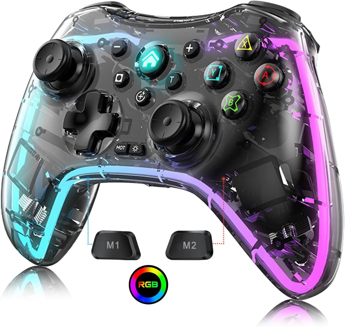 Controller Wireless cu programare, turbo, lumina RGB, transparent, pentru iOS iPhone/iPad/Android/Tablet/PC/Switch/PS4/PS3