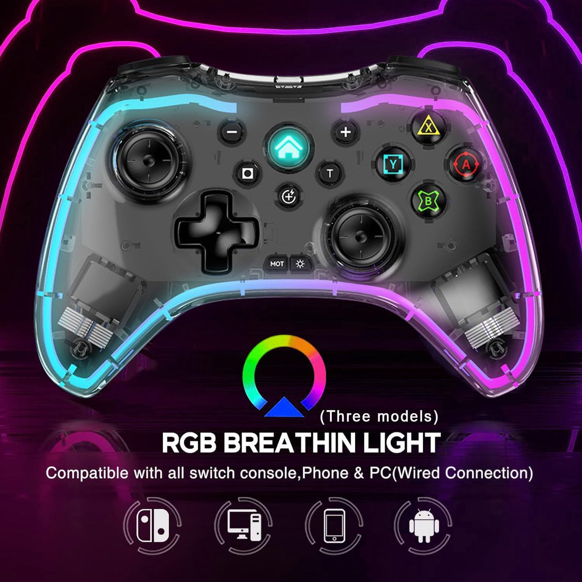 Controller Wireless cu programare, turbo, lumina RGB, transparent, pentru iOS iPhone/iPad/Android/Tablet/PC/Switch/PS4/PS3