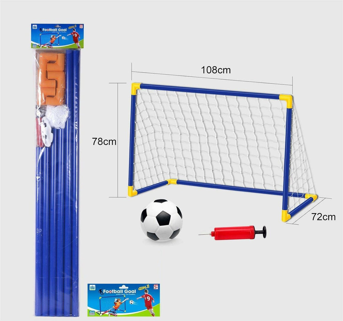 Poarta de fotbal din plastic, albastra, cu minge si pompa 105x76x69cm