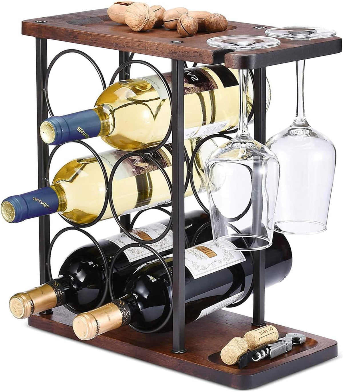 Suport de Vin Premium din Lemn - Raft elegant independent pentru 9 Sticle, organizator pe 3 nivele cu tava