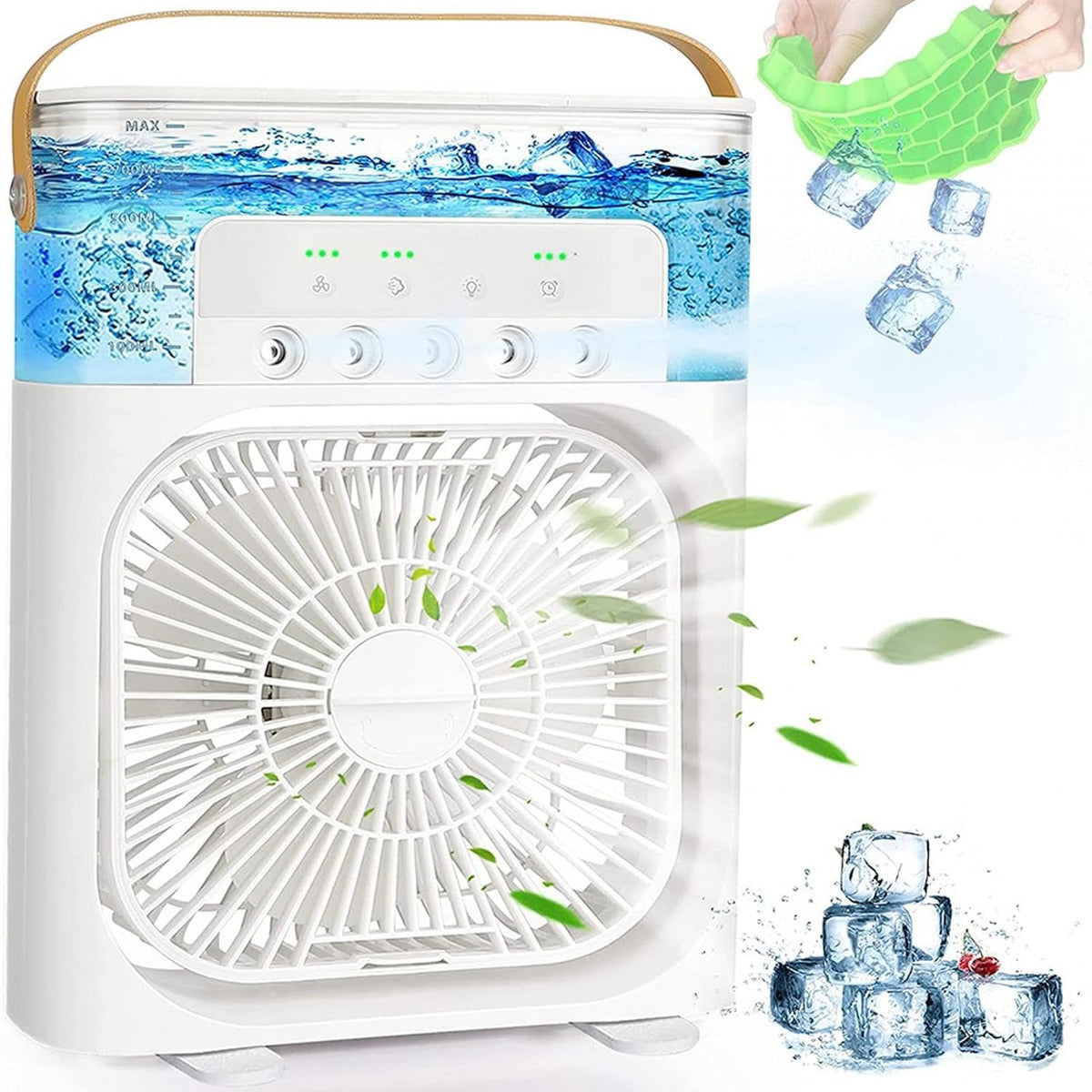 Ventilator portabil 3 în 1 cu pulverizare: racorire, umidificare și iluminare în 7 culori