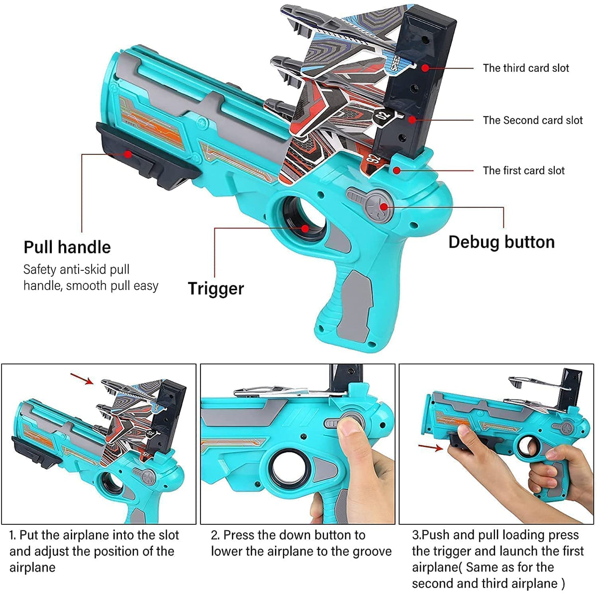 Pistol lansator de avioane de jucarie, 3 avioane incluse