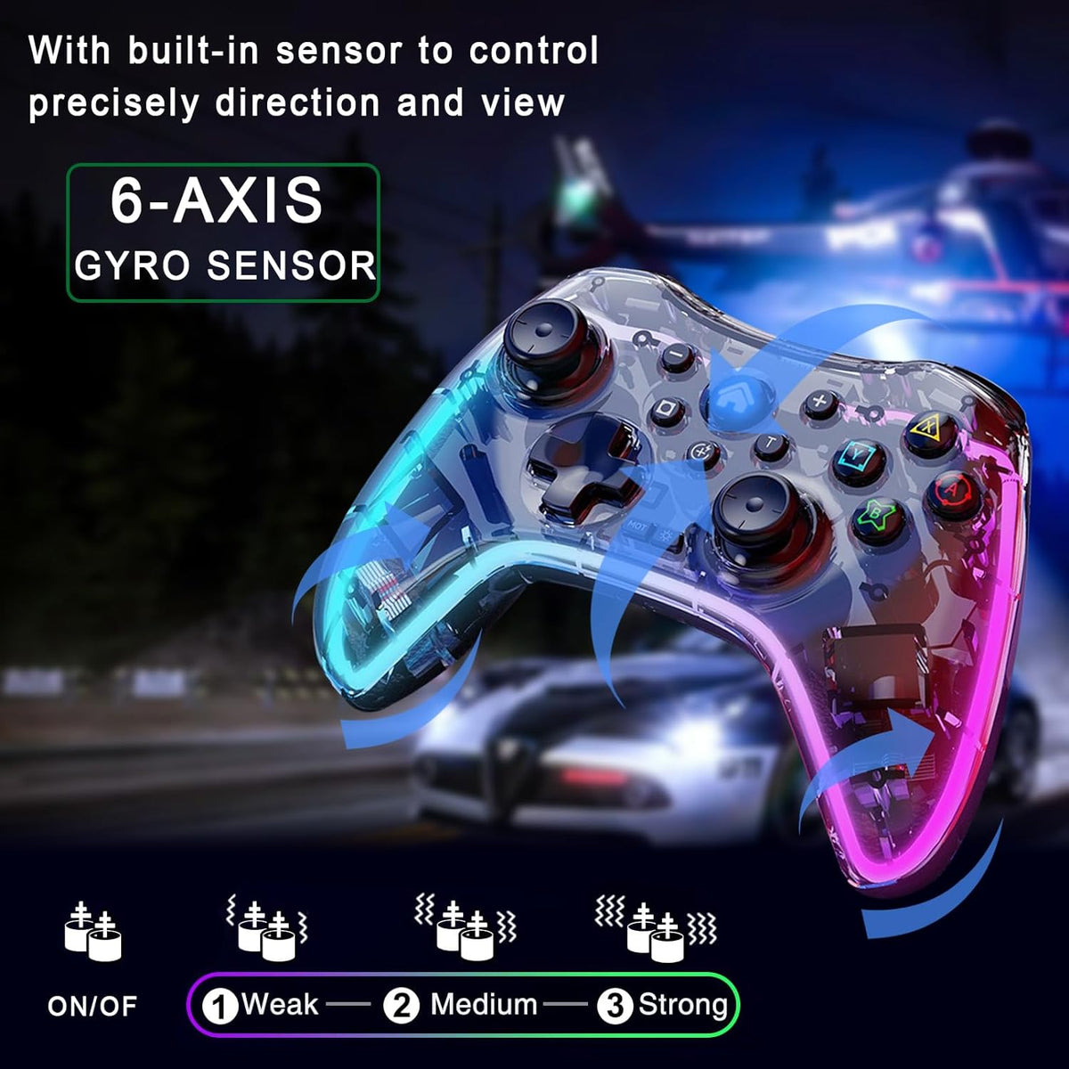 Controller Wireless cu programare, turbo, lumina RGB, transparent, pentru iOS iPhone/iPad/Android/Tablet/PC/Switch/PS4/PS3