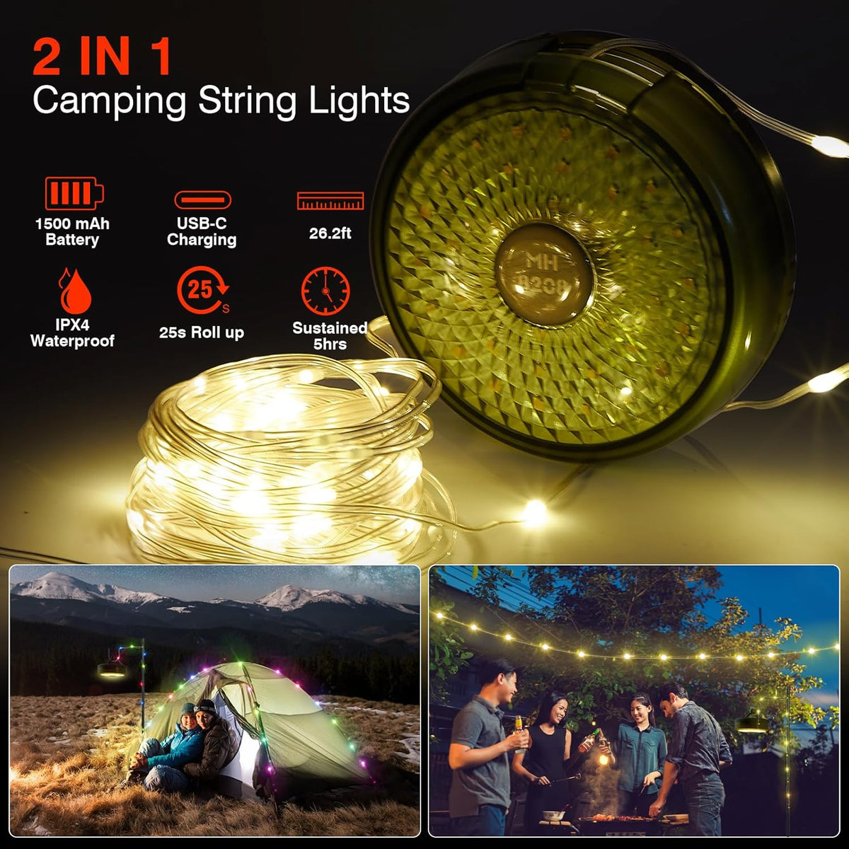 Ghirlanda luminoasa camping, lanterna si functie de baterie externa, LED, reincarcabila USB, portabila, 8 moduri de iluminare, 10 m, agatatoare, carcasa verde