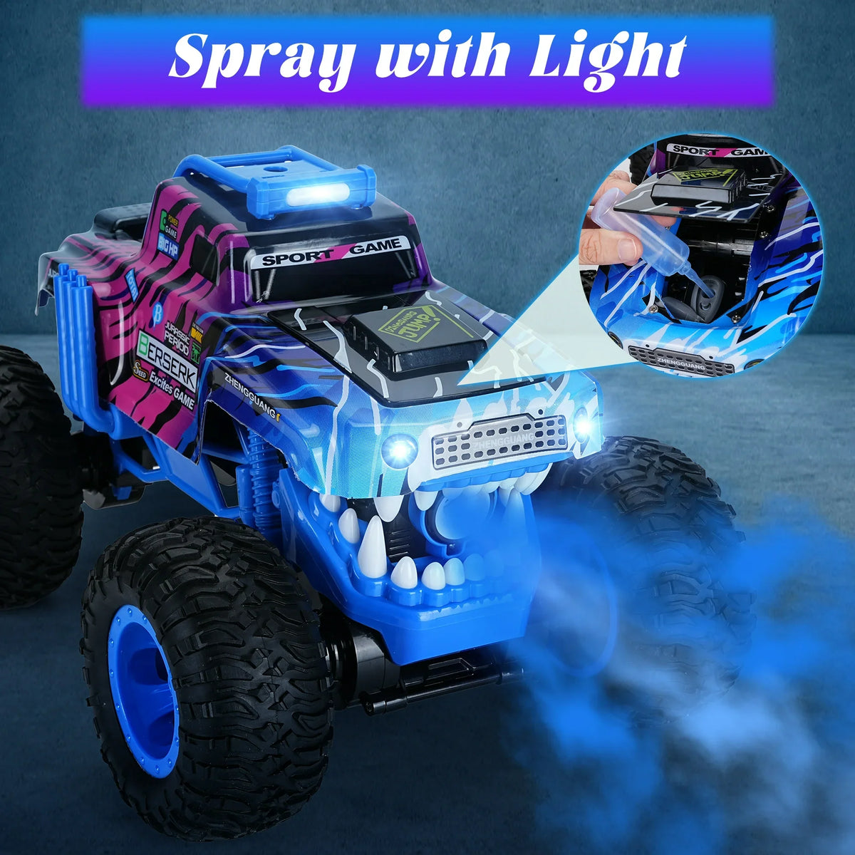 Masina Monster Truck cu telecomanda, spray, lumini si muzica, rotatie 360° si tractiune 4x4