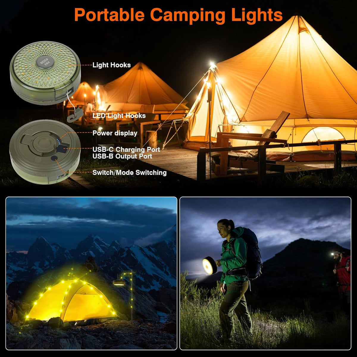 Ghirlanda luminoasa camping, lanterna si functie de baterie externa, LED, reincarcabila USB, portabila, 8 moduri de iluminare, 10 m, agatatoare, carcasa verde