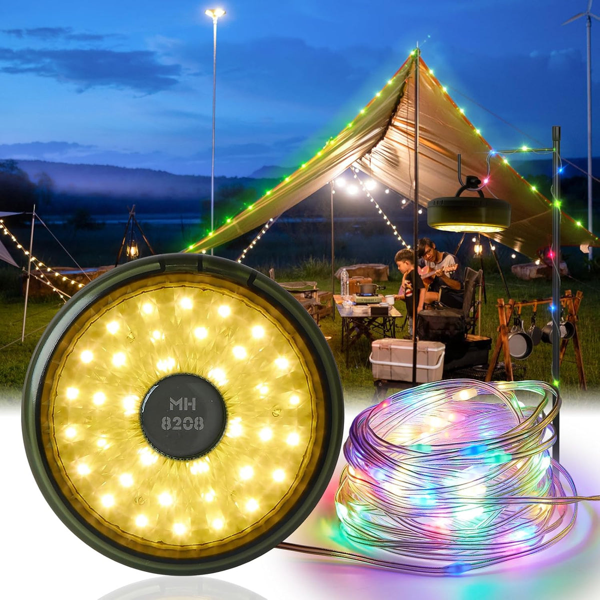 Ghirlanda luminoasa camping, lanterna si functie de baterie externa, LED, reincarcabila USB, portabila, 8 moduri de iluminare, 10 m, agatatoare, carcasa verde