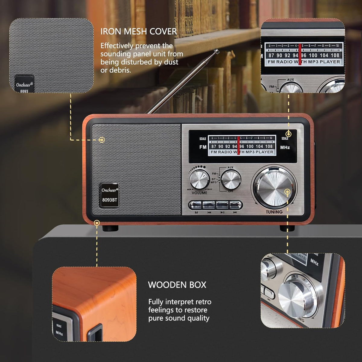 Radio cu aspect retro si player muzical NS-8093BT, USB/TF, Bluetooth încorporat, functie TWS, difuzor puternic, baterie reincarcabila.