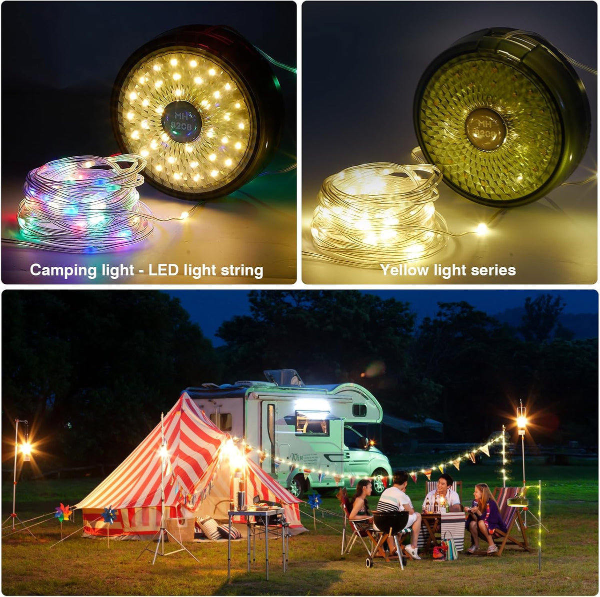 Ghirlanda luminoasa camping, lanterna si functie de baterie externa, LED, reincarcabila USB, portabila, 8 moduri de iluminare, 10 m, agatatoare, carcasa verde