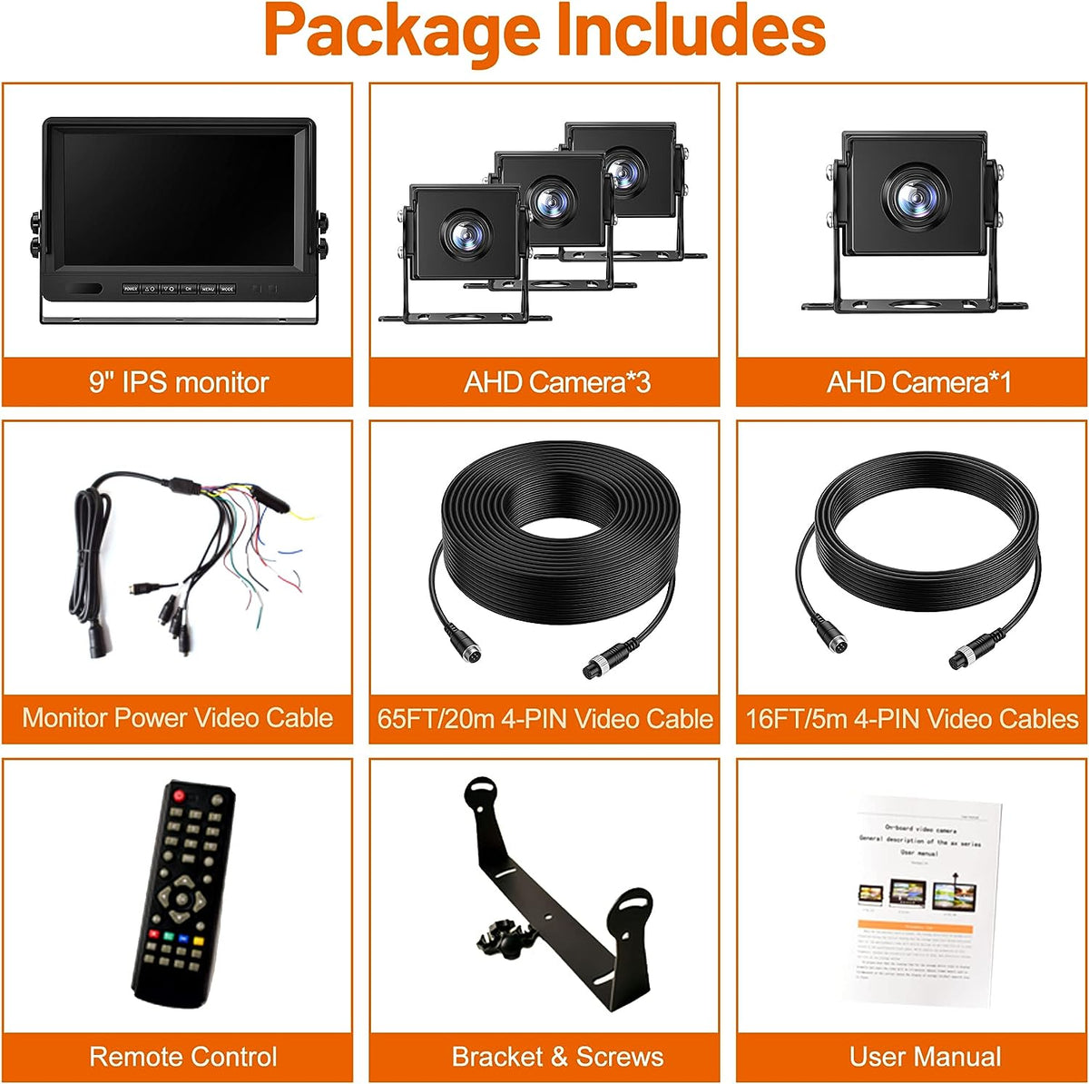 Kit marsarier cu 4 camere AHD si display IPS de 9&quot;, camioane, autocare, bus-uri 12V-24V