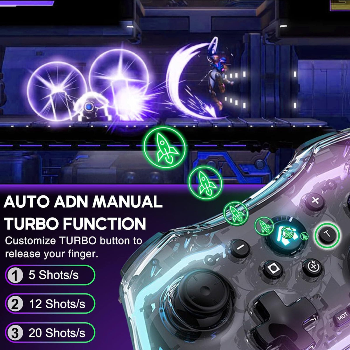 Controller Wireless cu programare, turbo, lumina RGB, transparent, pentru iOS iPhone/iPad/Android/Tablet/PC/Switch/PS4/PS3