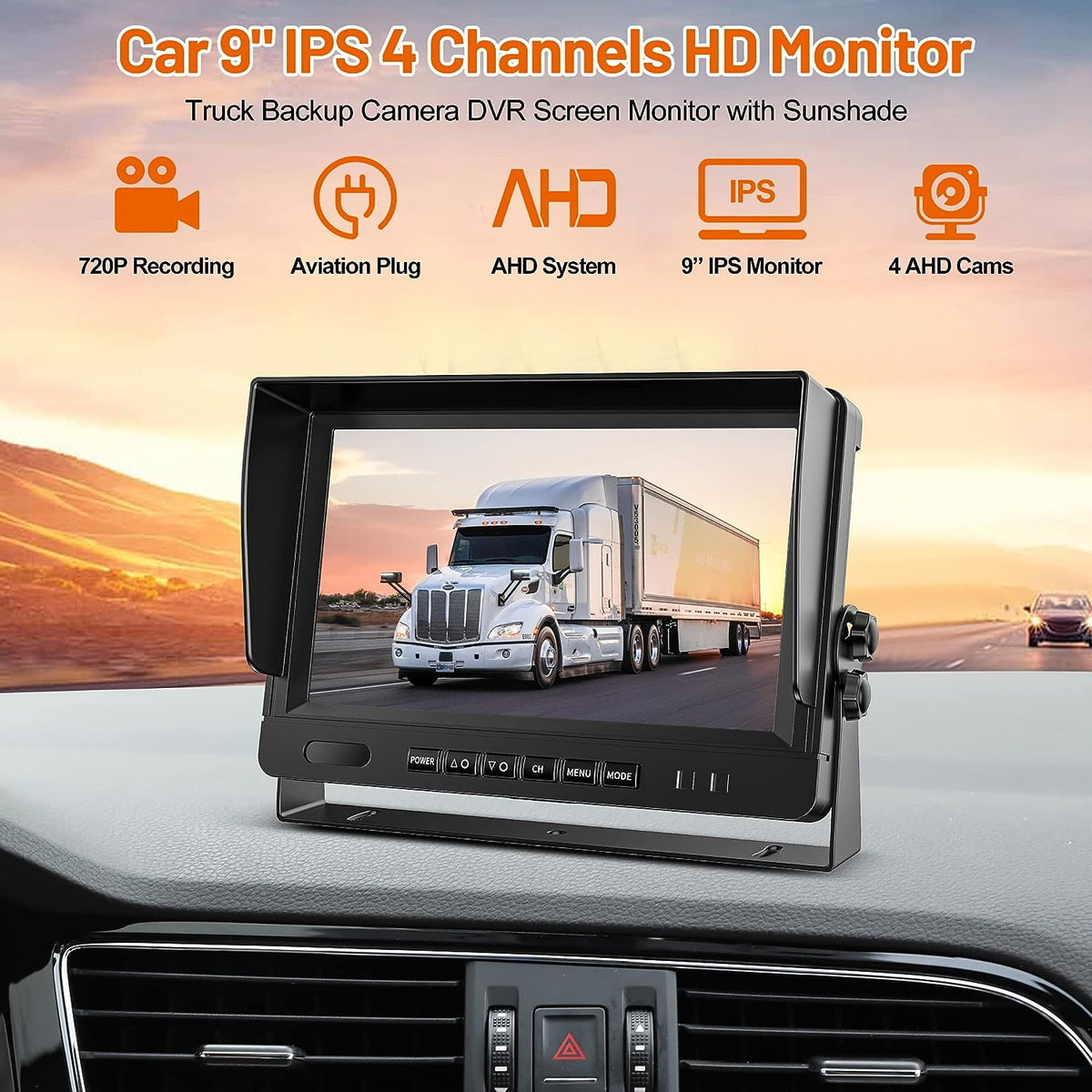 Kit marsarier cu 4 camere AHD si display IPS de 9&quot;, camioane, autocare, bus-uri 12V-24V