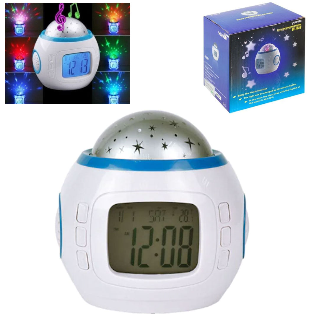 Ceas muzical de birou cu alarma, termometru si calendar, proiectare cu stelute, 10 cm