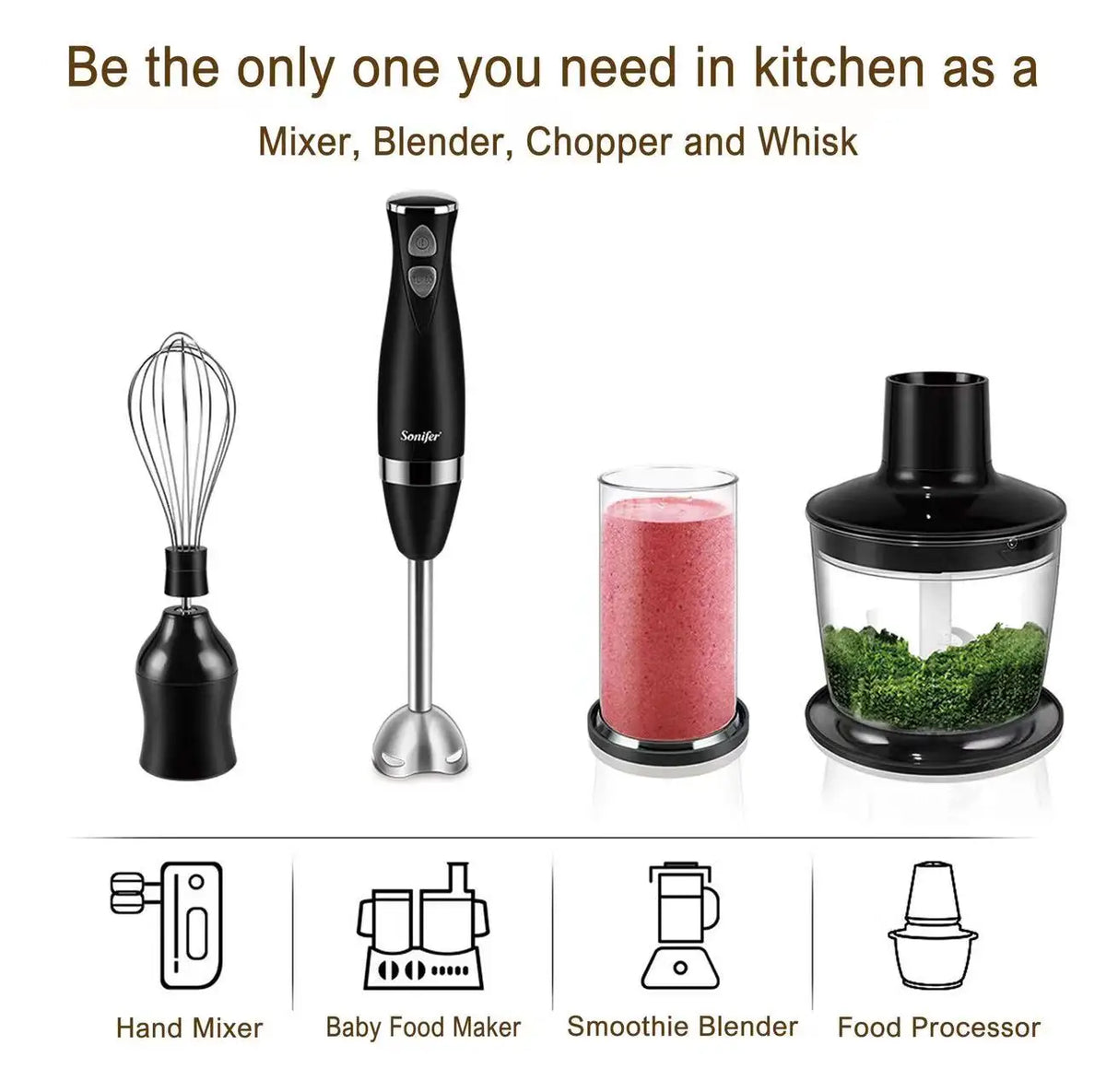 Set Blender 3 in 1 Sonifer SF-8044 cu putere 500W, Mixer vertical, functie Turbo, Multifunctional, alb