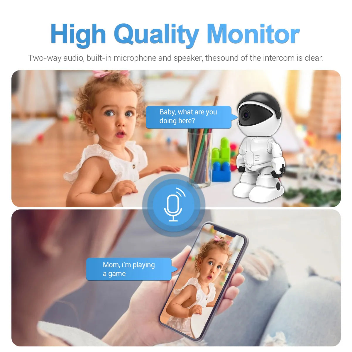 Camera de supraveghere smart, Robot, cu functie Baby Monitor, si cu rotire 360 grade, Full HD 1080P, Wireless Audio Video, IP, Night Vision, Detectarea miscarilor, Two-Way Audio, Alb