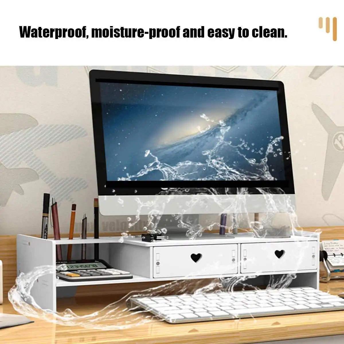 Suport multifunctional pentru monitor sau laptop, din PVC, cu 2 sertare