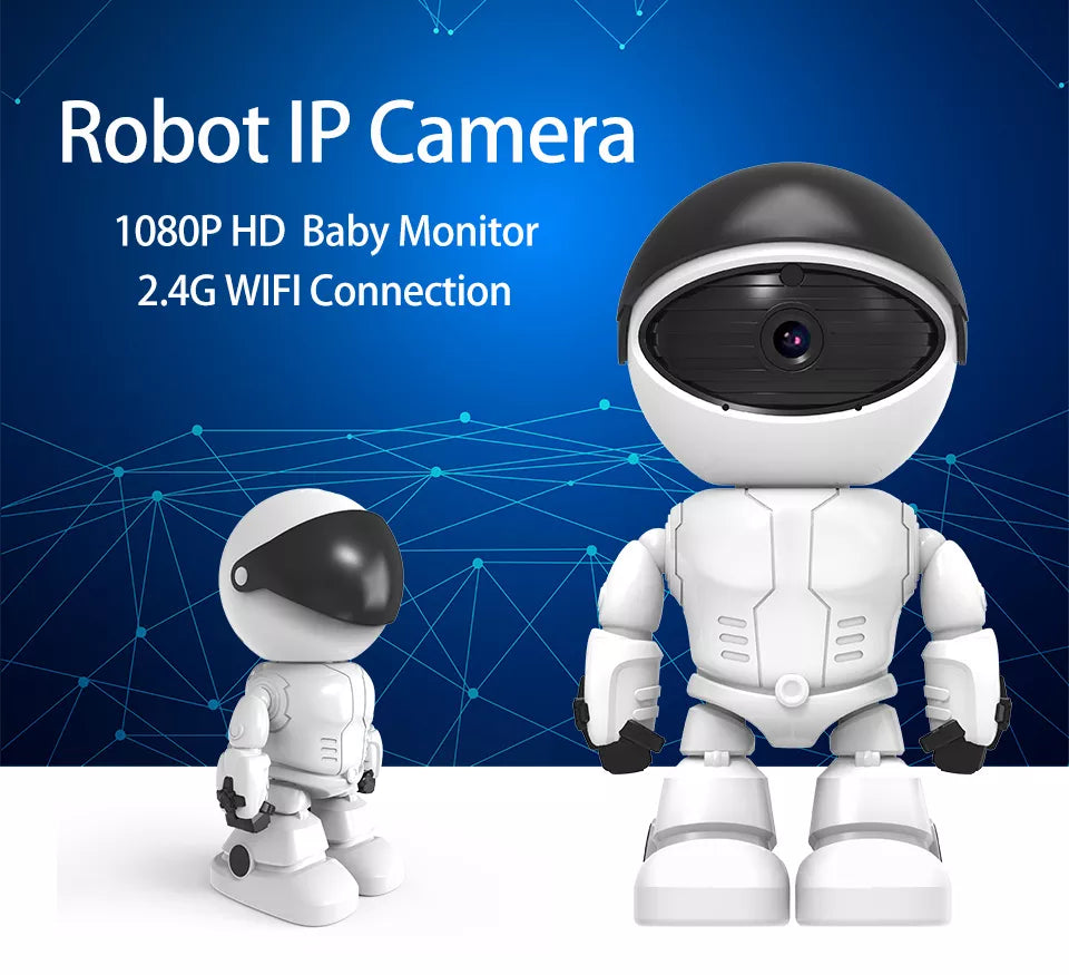 Camera de supraveghere smart, Robot, cu functie Baby Monitor, si cu rotire 360 grade, Full HD 1080P, Wireless Audio Video, IP, Night Vision, Detectarea miscarilor, Two-Way Audio, Alb