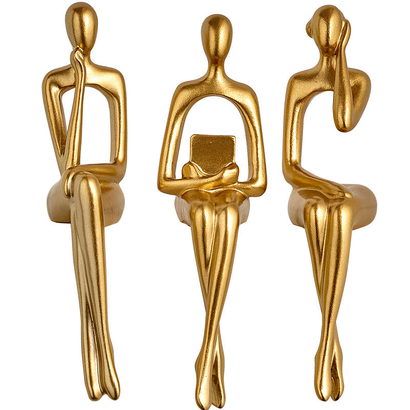 Set 3 statuete decorative aurii din rasina, siluete ganditoare Golden Muse