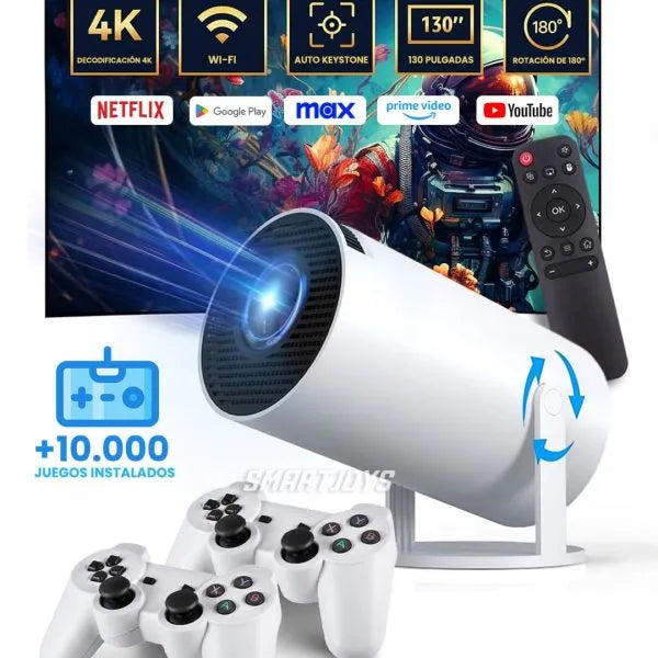 Videoproiector portabil, X10 Plus, 5000 lumeni, 4K Ultra HD, WiFi, Bluetooth 5.0, difuzor integrat, telecomanda, 10 000 jocuri incluse, Rotatie 180 grade, alb