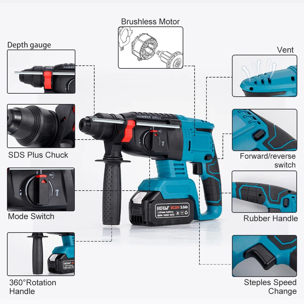 Bormasina cu percutie fara fir, brushless, cu 2 acumulatori, 1850W, 2580 r/min