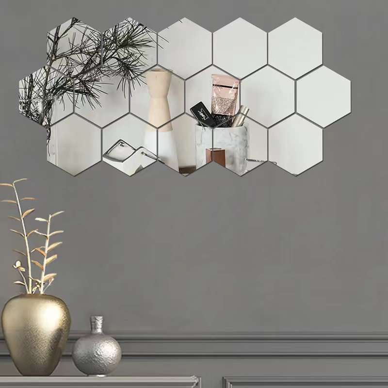 Set 12 oglinzi acrilice autoadezive decorative forma hexagon, diametru 7, 13, 20 si 23 cm