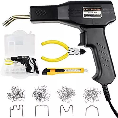 RESIGILAT - Trusa aparat sudat plastic, pistol profesional pentru lipit/sudat plastic, kit pentru repararea fisurilor din plastic, polipropilena, 200 capse de intarire, putere 50W