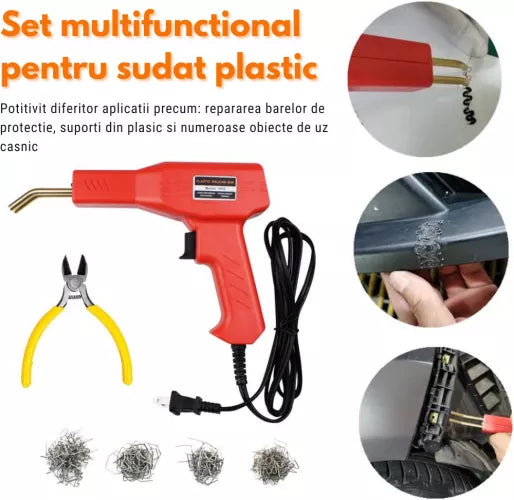 RESIGILAT - Trusa aparat sudat plastic, pistol profesional pentru lipit/sudat plastic, kit pentru repararea fisurilor din plastic, polipropilena, 200 capse de intarire, putere 50W