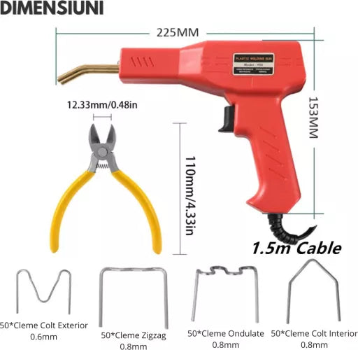 RESIGILAT - Trusa aparat sudat plastic, pistol profesional pentru lipit/sudat plastic, kit pentru repararea fisurilor din plastic, polipropilena, 200 capse de intarire, putere 50W