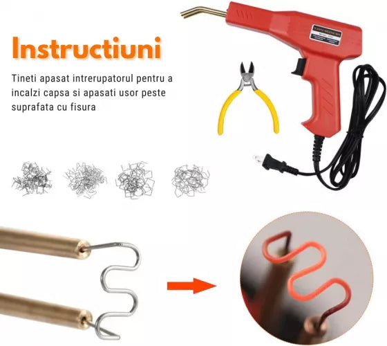 RESIGILAT - Trusa aparat sudat plastic, pistol profesional pentru lipit/sudat plastic, kit pentru repararea fisurilor din plastic, polipropilena, 200 capse de intarire, putere 50W