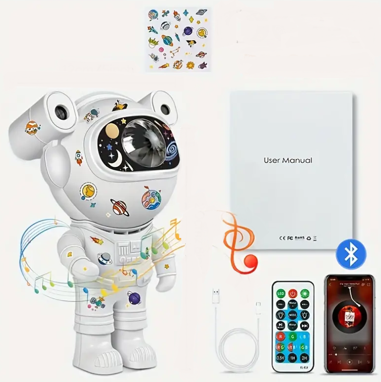 Proiector LED  in forma de astronaut cu sunete si lumini, stickere autoadezive, conexiune Bluetooth