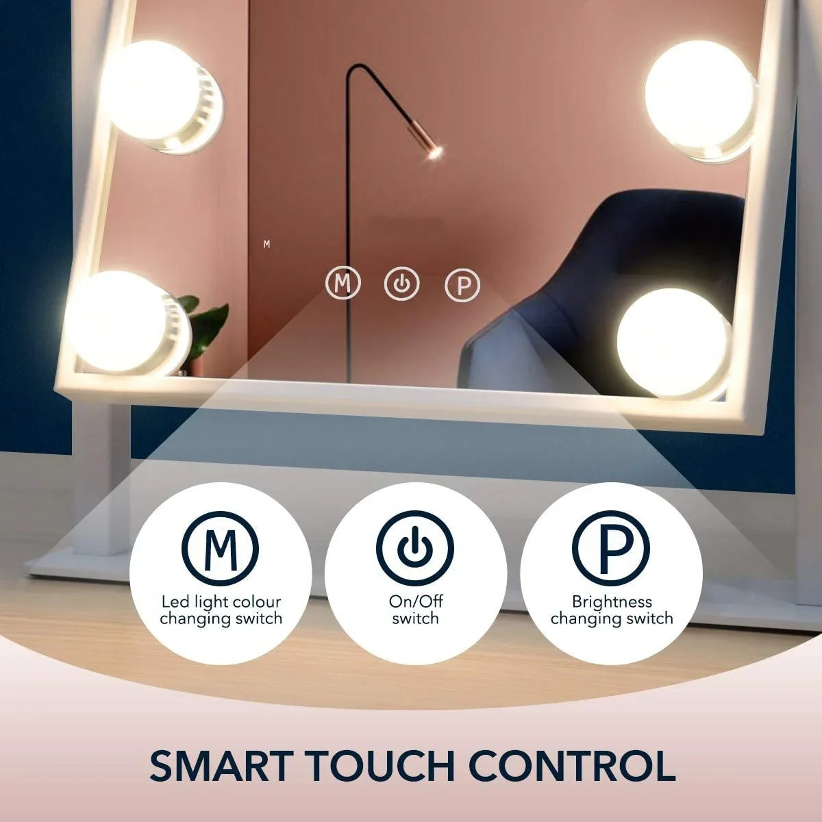 Oglinda machiaj profesionala cu suport metalic, Smart Touch, 12 becuri LED si 3 moduri de iluminare, 30 x 40cm