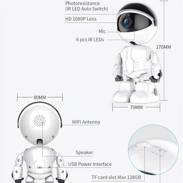 Camera de supraveghere smart, Robot, cu functie Baby Monitor, si cu rotire 360 grade, Full HD 1080P, Wireless Audio Video, IP, Night Vision, Detectarea miscarilor, Two-Way Audio, Alb