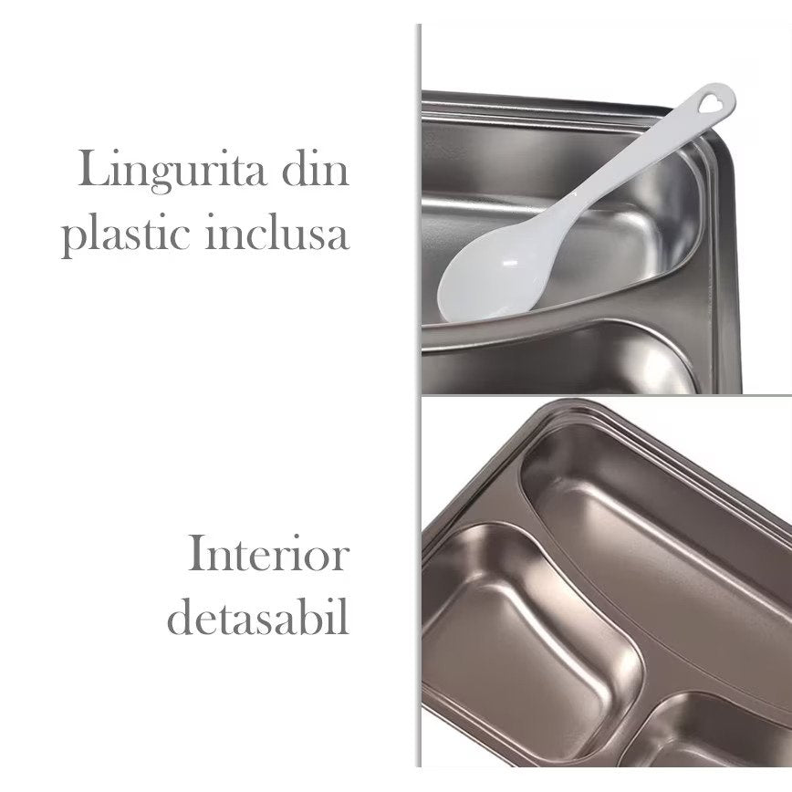 Caserola termica compartimentata din inox pentru copii cu lingurita, 500 grame, 25x18x8