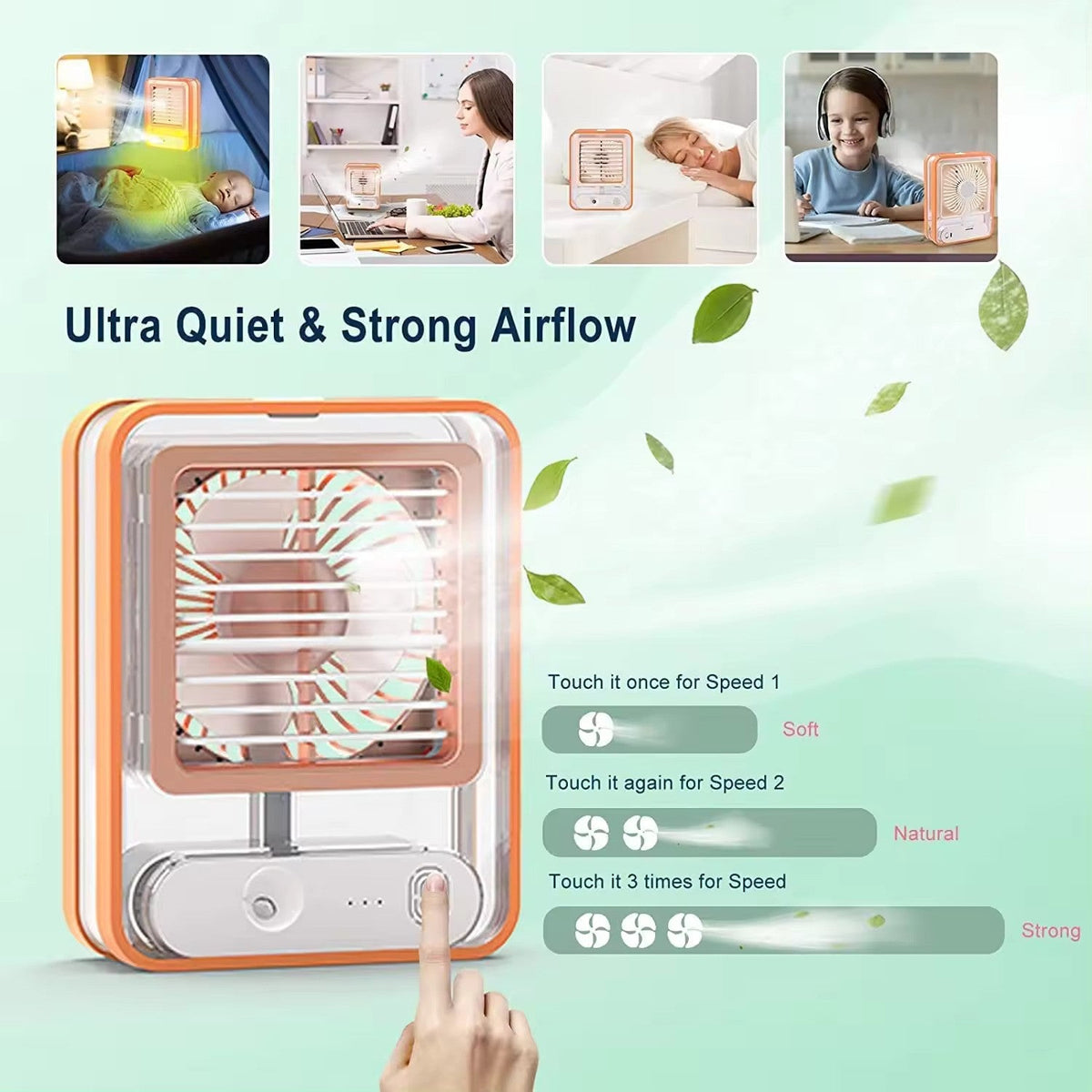 Mini ventilator portabil 3 în 1: racorire, umidificare și iluminare, incarcare usb + acumulator incorporat, 18 cm