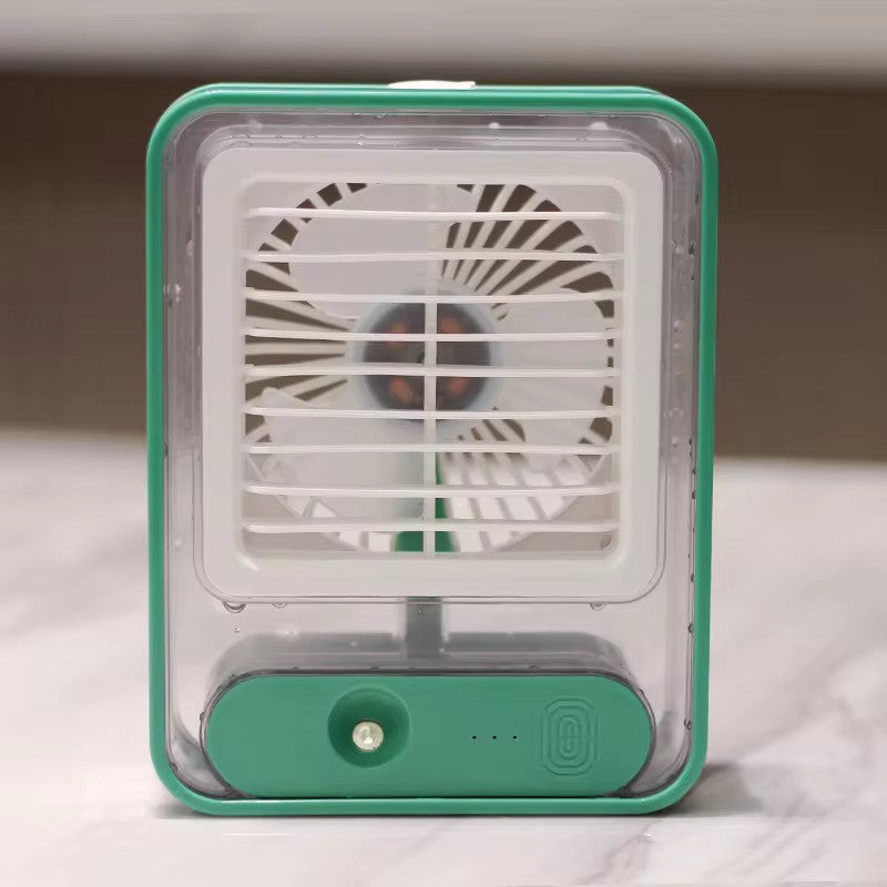 Mini ventilator portabil 3 în 1: racorire, umidificare și iluminare, incarcare usb + acumulator incorporat, 18 cm