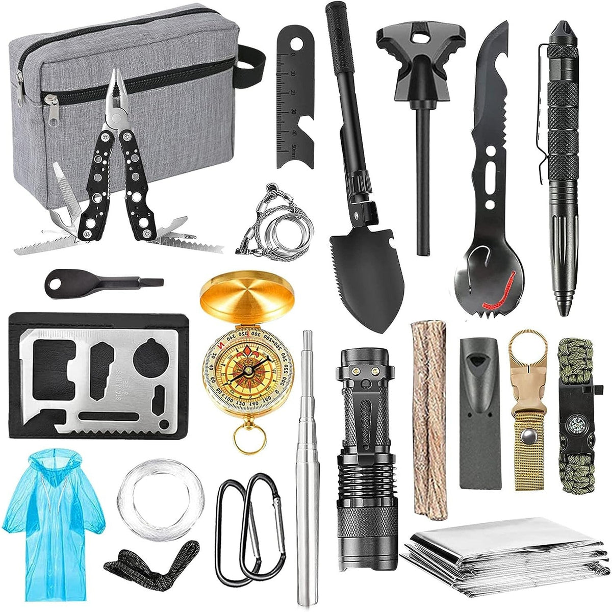 Kit multifunctional, 19 piese, excelent pentru drumetii, vanatoare, pescuit, camping